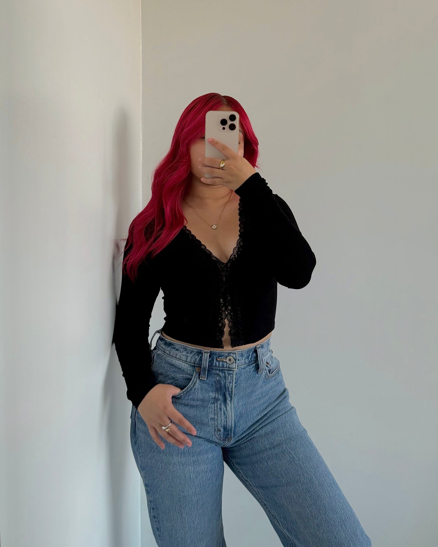 Black Lace V Neck Long Sleeve Top