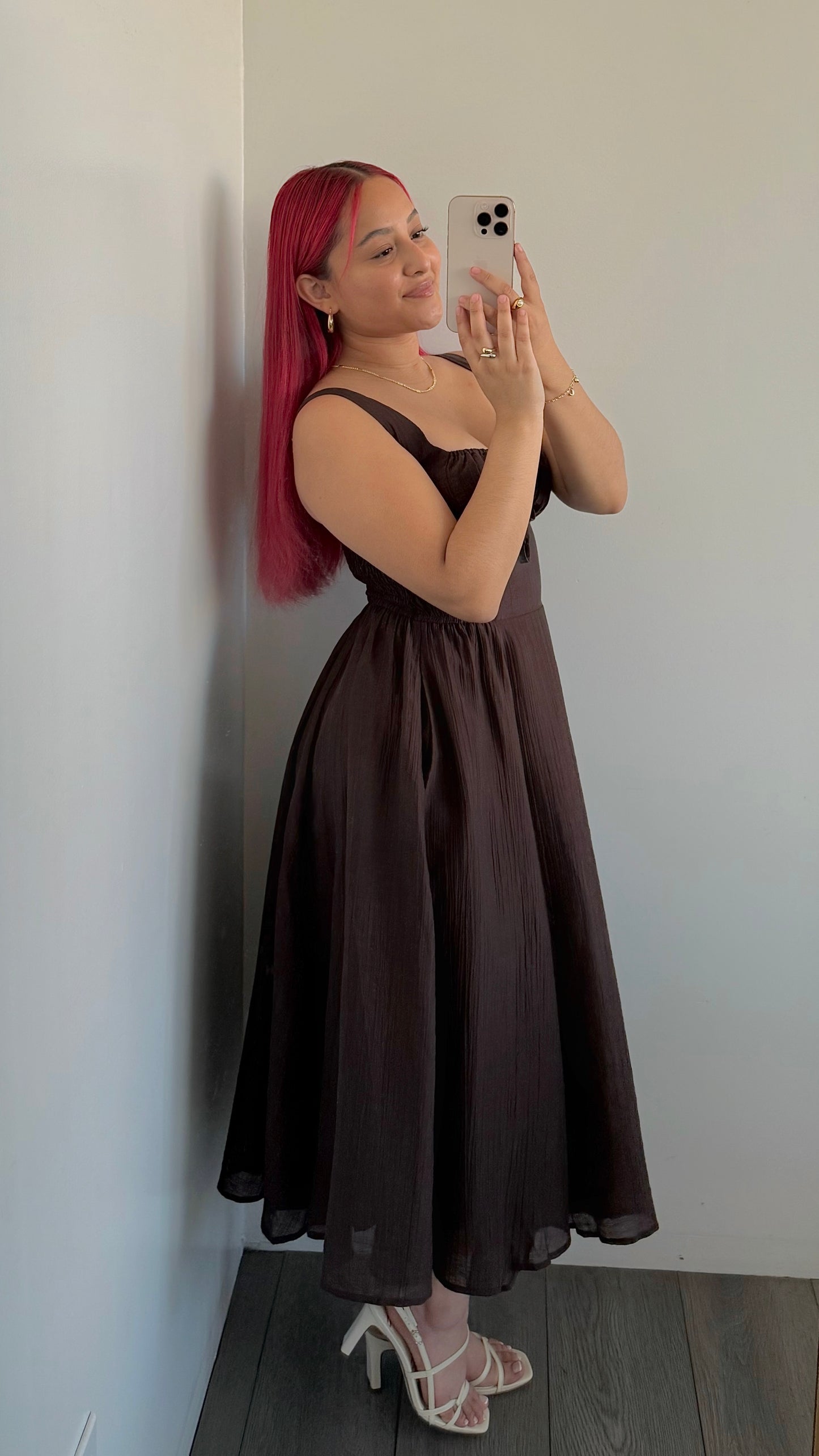 Brown Crinkled Bustier A Line Dress