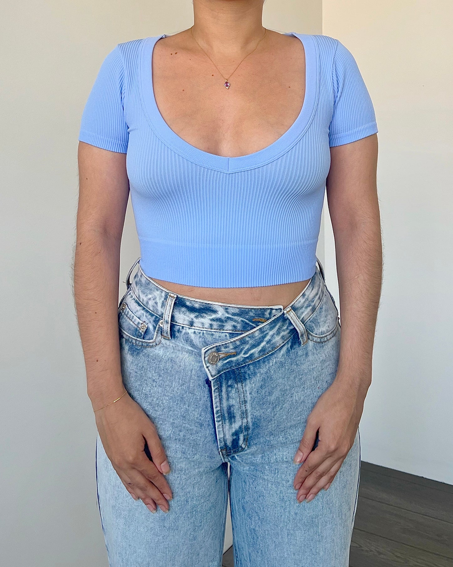Blue Rib V Neck Short Sleeve Top