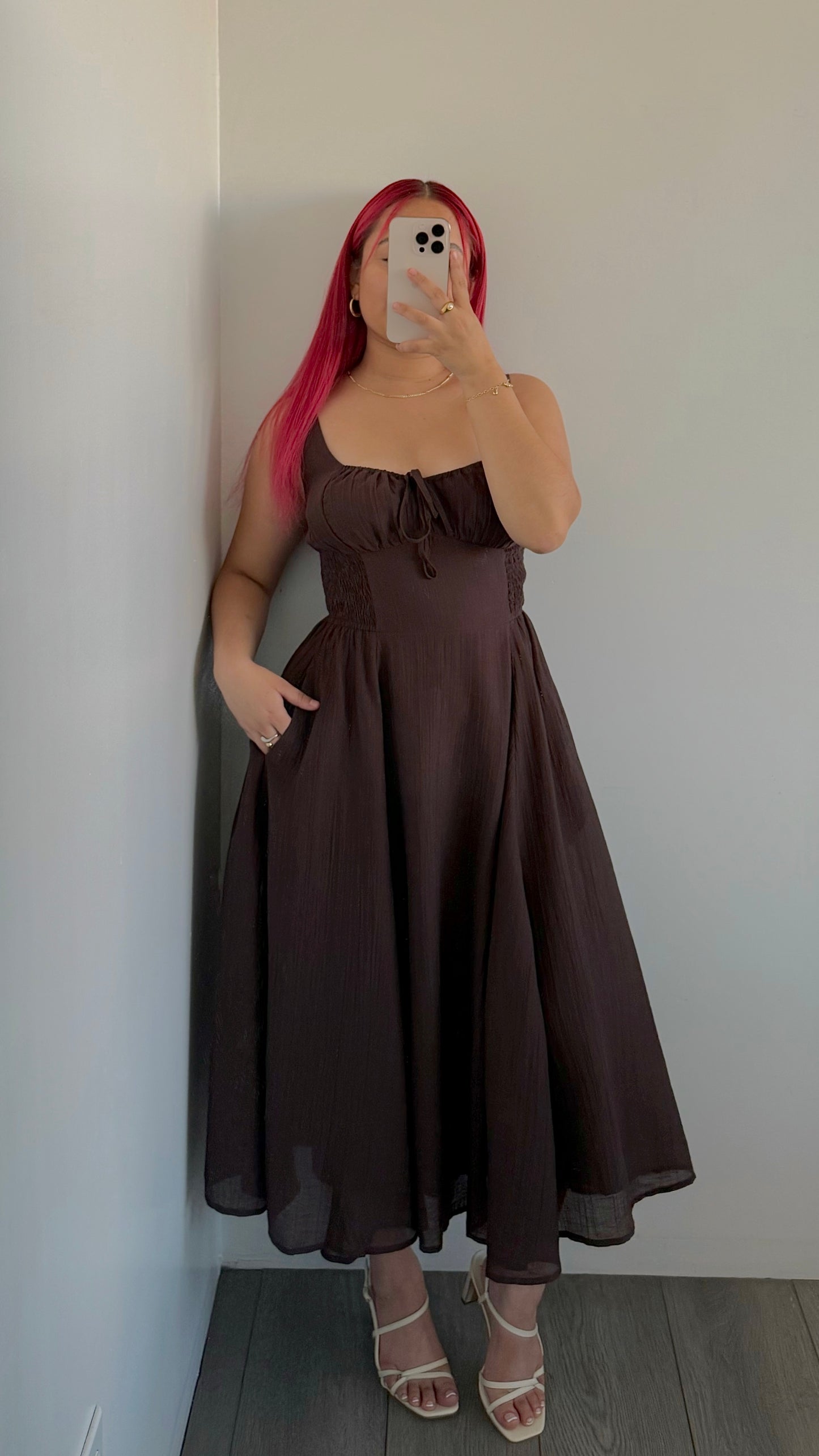 Brown Crinkled Bustier A Line Dress