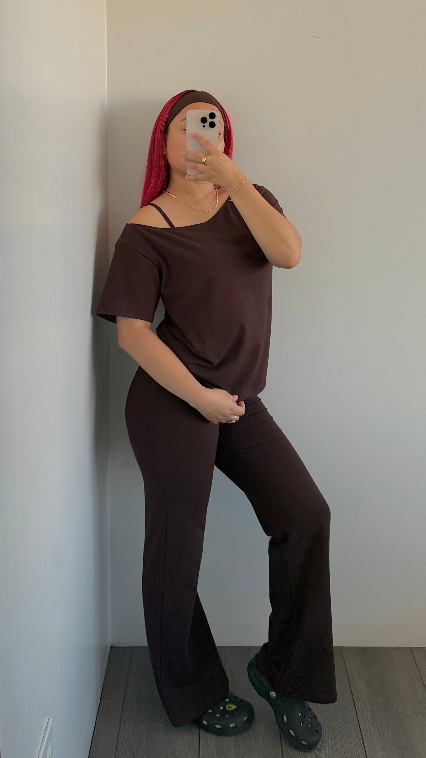 Brown Cotton Fold Over Flare Pants