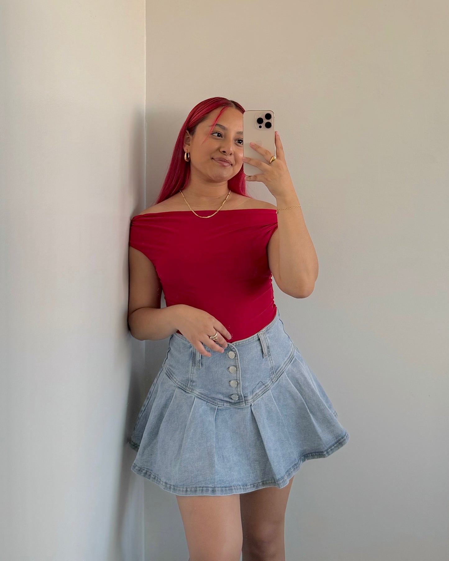 Light Wash Denim Button Pleated Skort