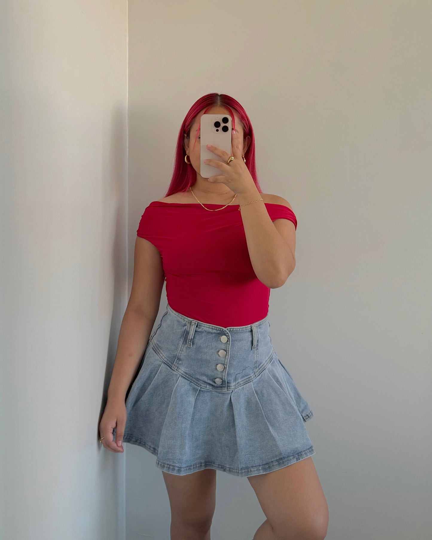 Light Wash Denim Button Pleated Skort