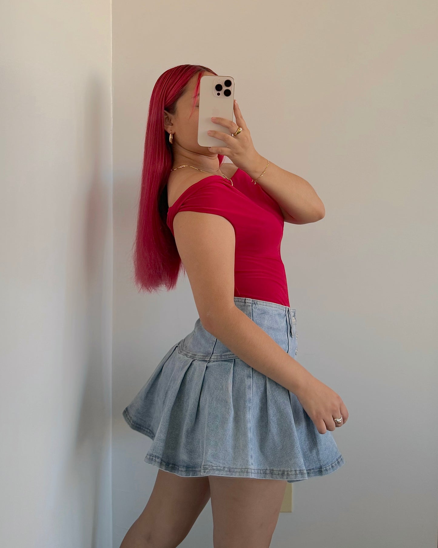 Light Wash Denim Button Pleated Skort