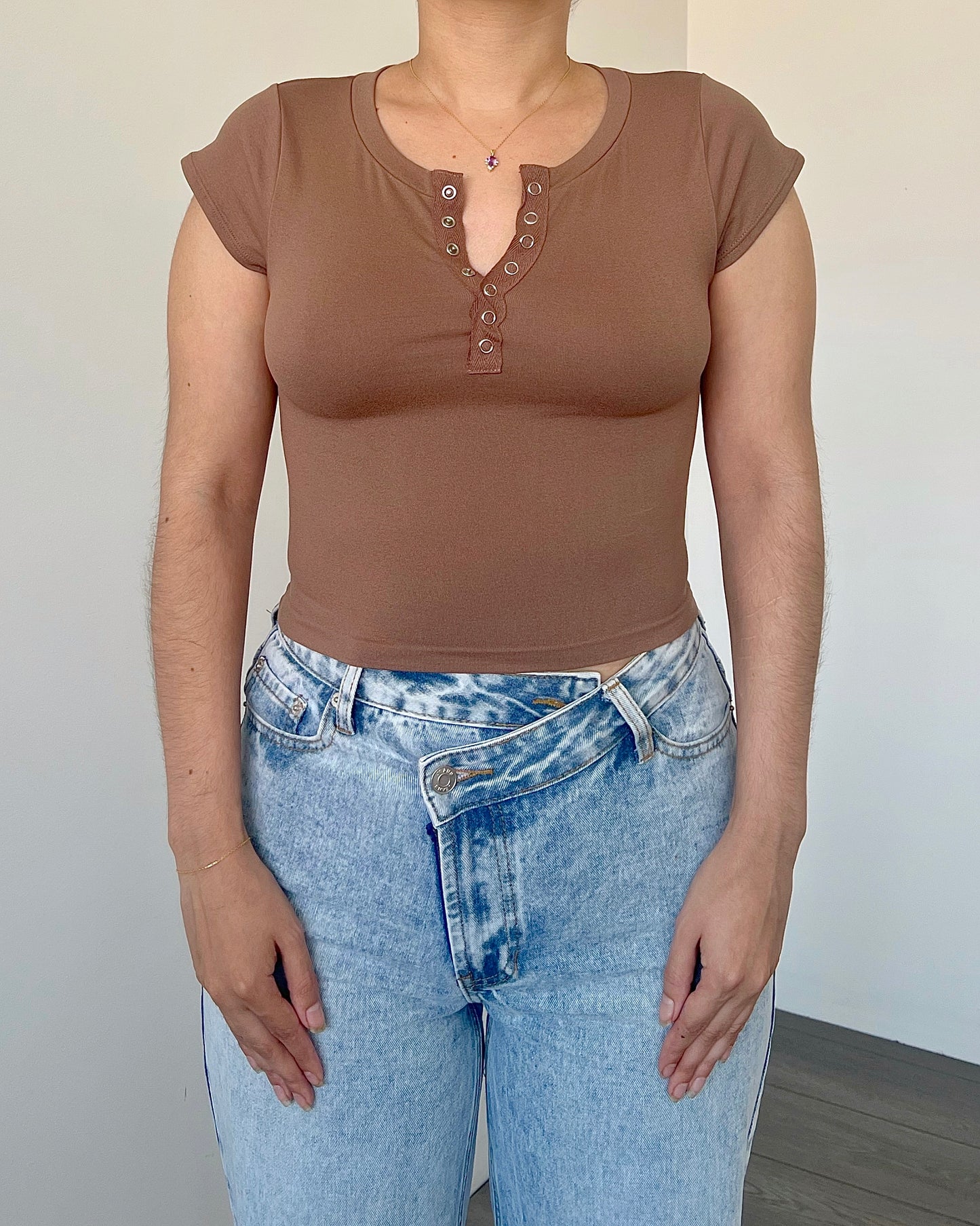 Brown Buttons Short Sleeve Top
