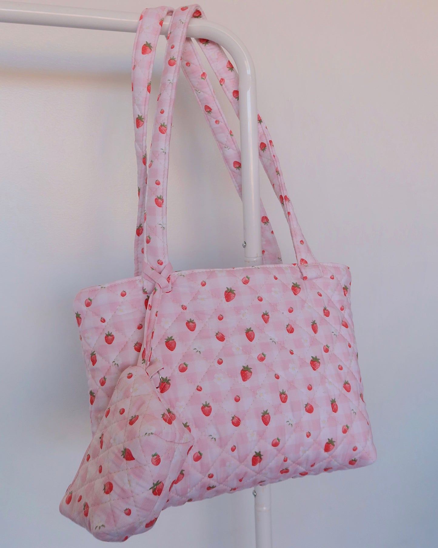 Strawberry Gingham Tote Bag & Matching Pouch