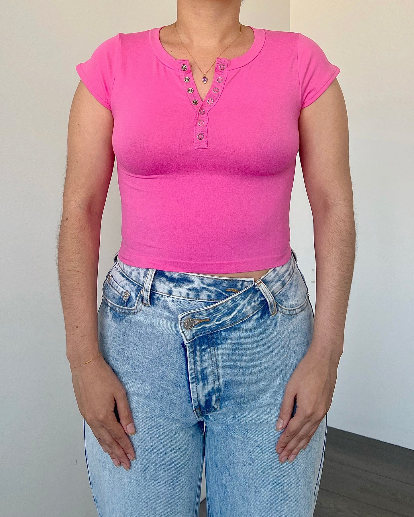 Pink Buttons Short Sleeve Top