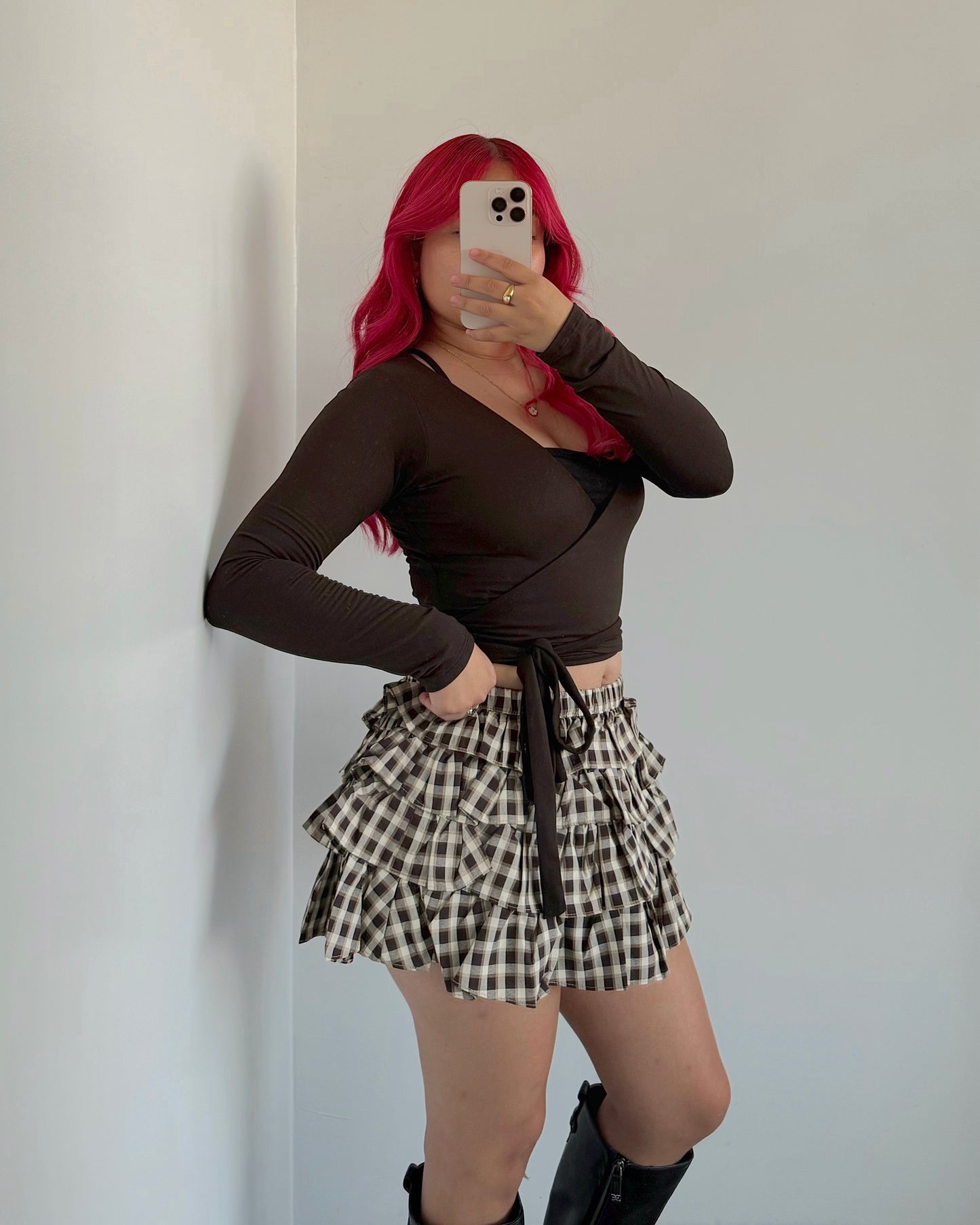 Brown Plaid Frill Tiered Skort