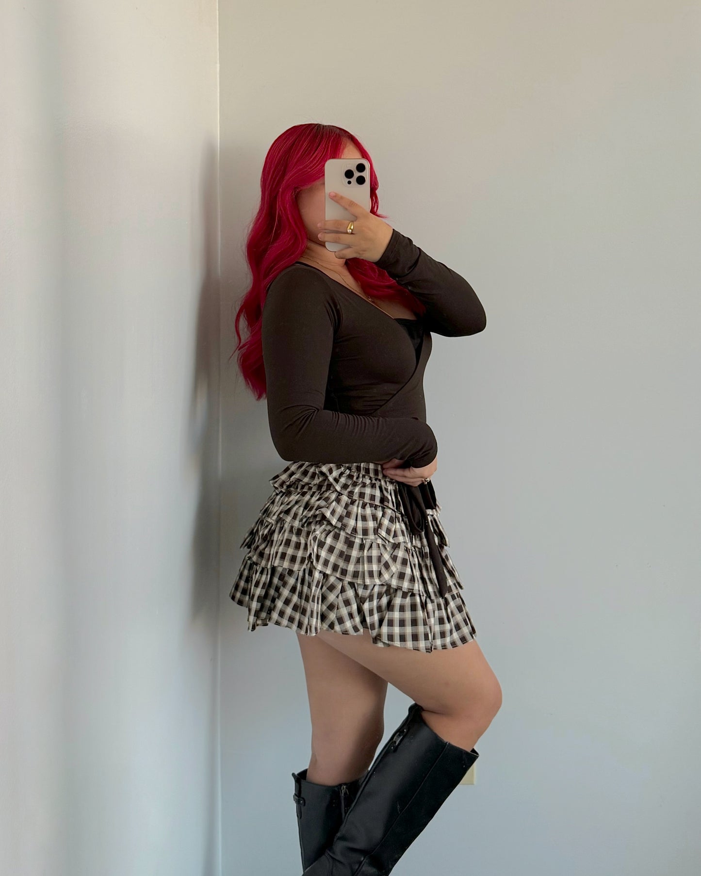 Brown Plaid Frill Tiered Skort