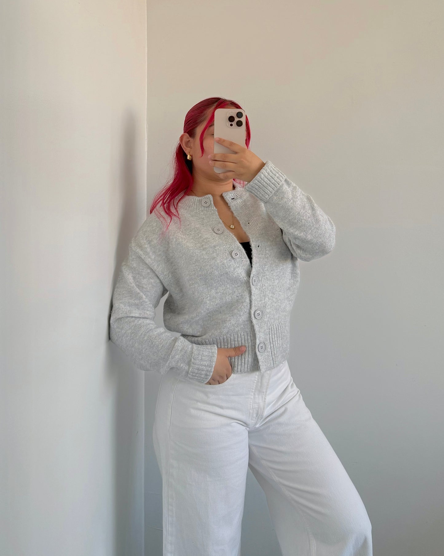 Heather White Cozy Round Neck Cardigan