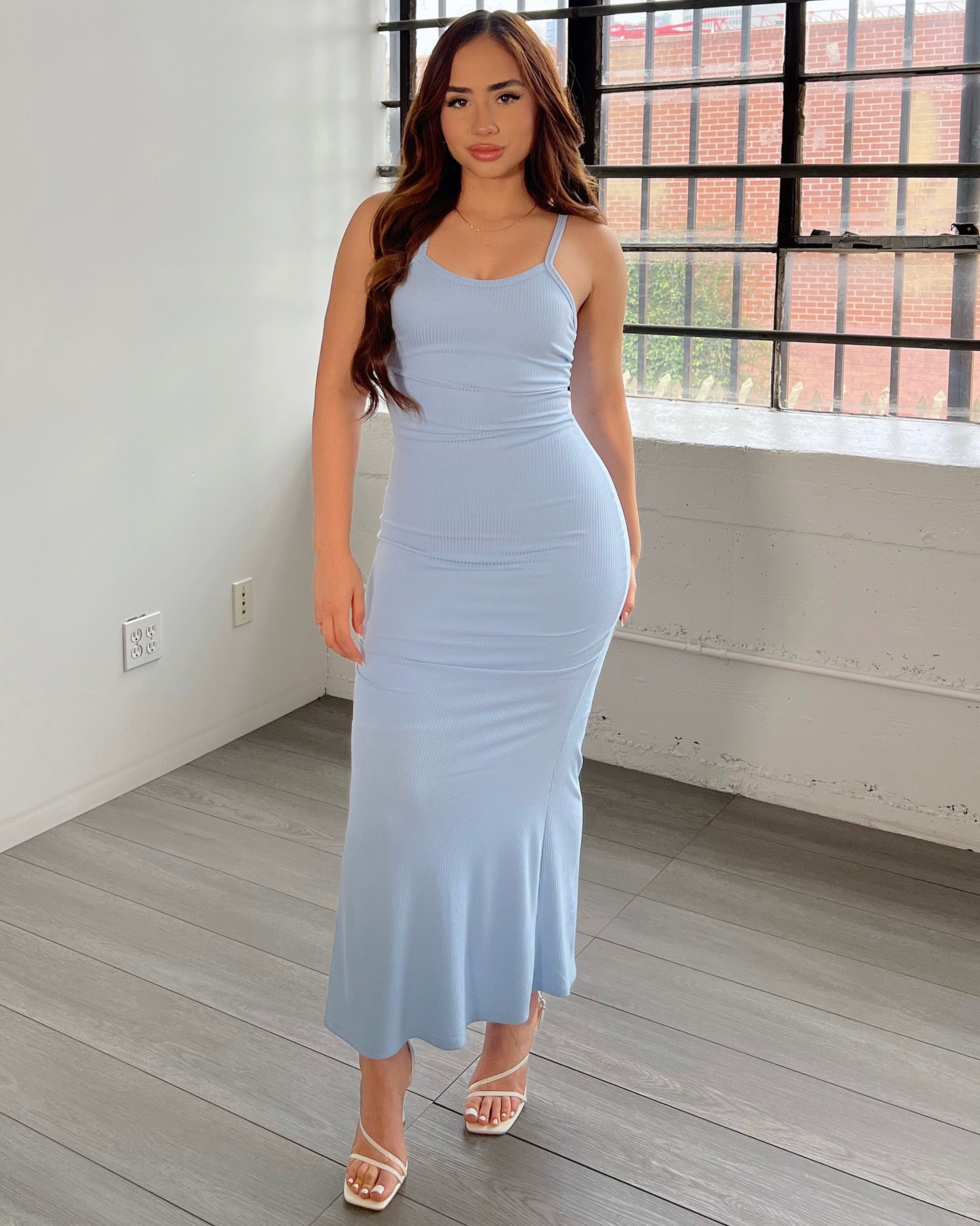 Blue Ribbed Slip Maxi Dress