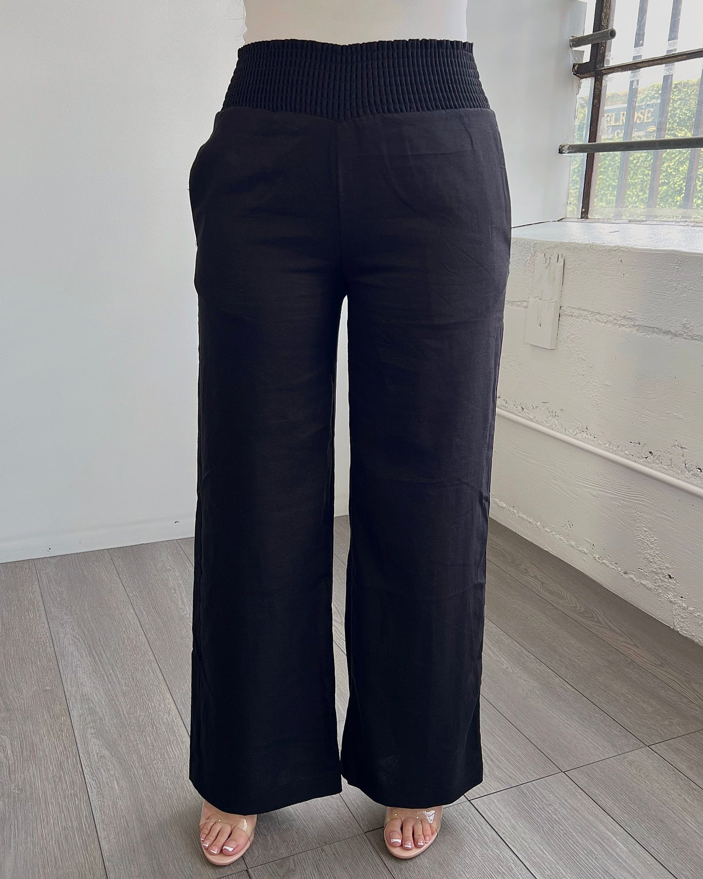 Black Linen Smocked Pants