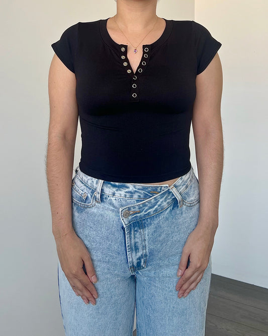 Black Buttons Short Sleeve Top