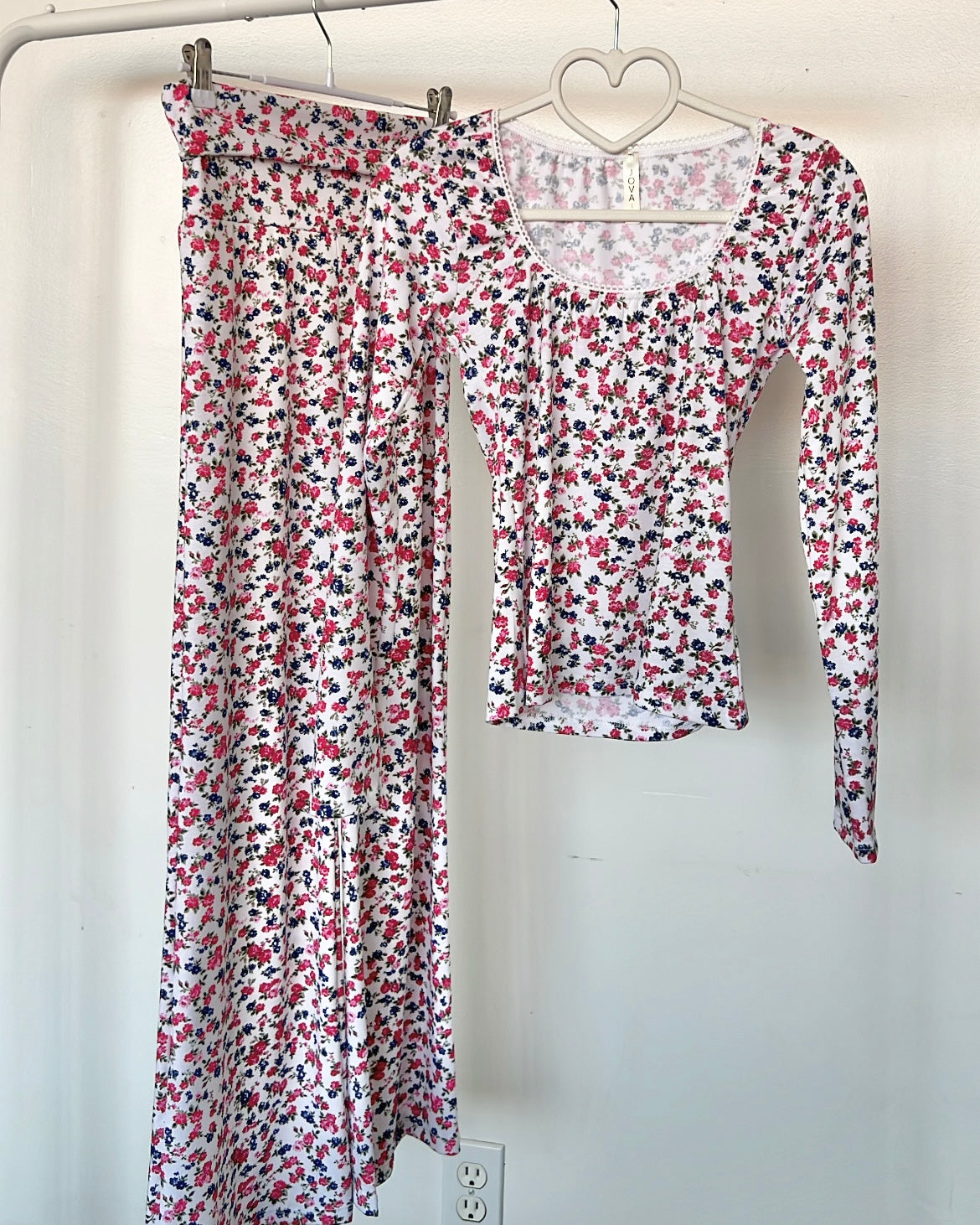 Red Ditsy Flower Long Sleeve & Fold Over Pants Set