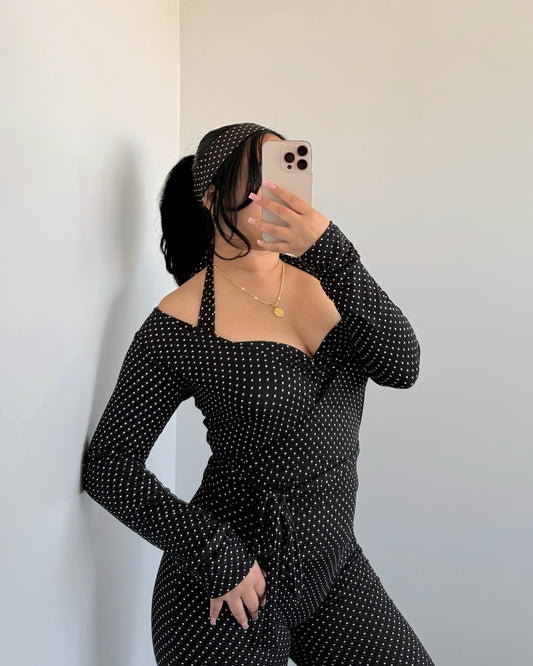 Black Polka Dots Wrap Long Sleeve Top (B-Soft)