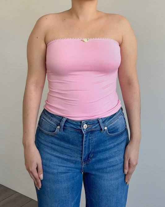 Pink Lace Trim Tube Top