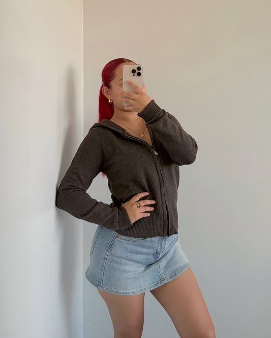Chocolate Zip Knit Hoodie Sweater