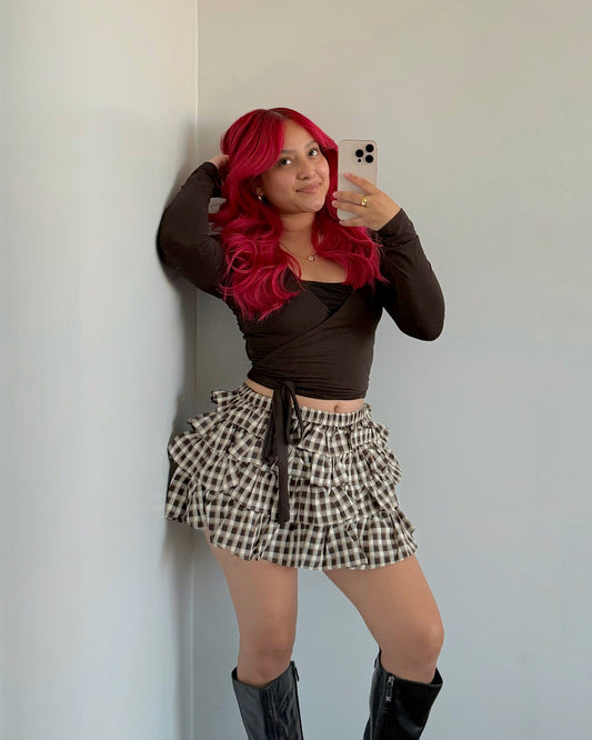 Brown Plaid Frill Tiered Skort