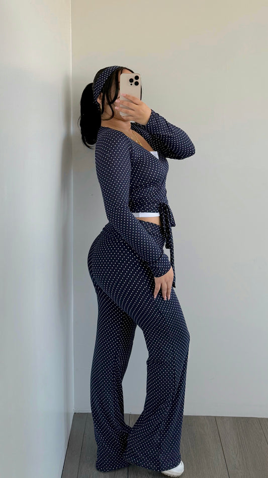 Navy Polka Dots Fold Over Flare Pants (B-Soft)