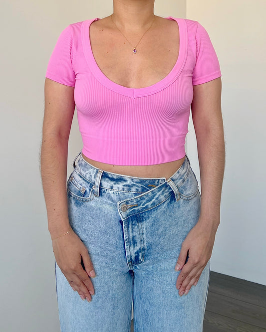 Pink Rib V Neck Short Sleeve Top