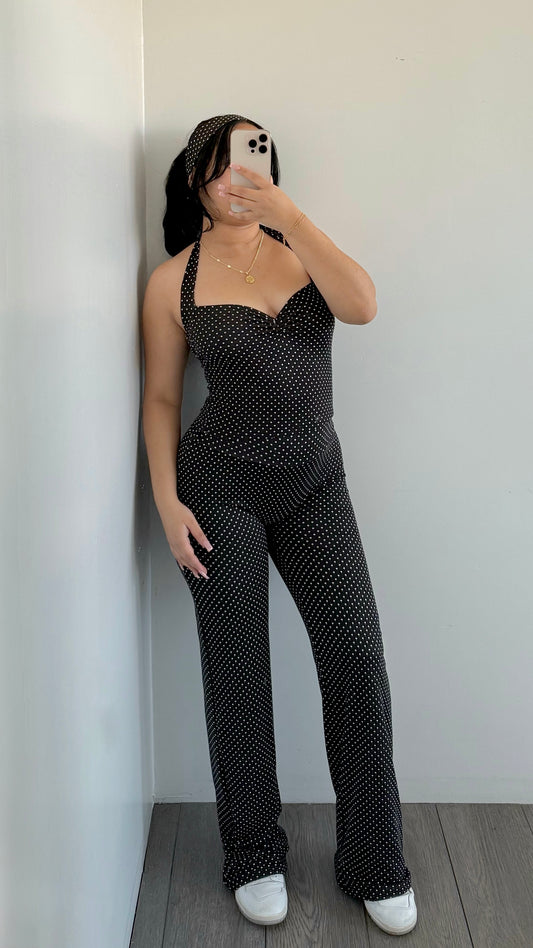 Black Polka Dots Fold Over Flare Pants (B-Soft)