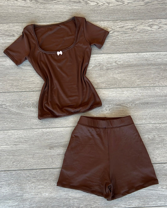 Brown Bow (Lace Trim) B-Soft Short Sleeve Top