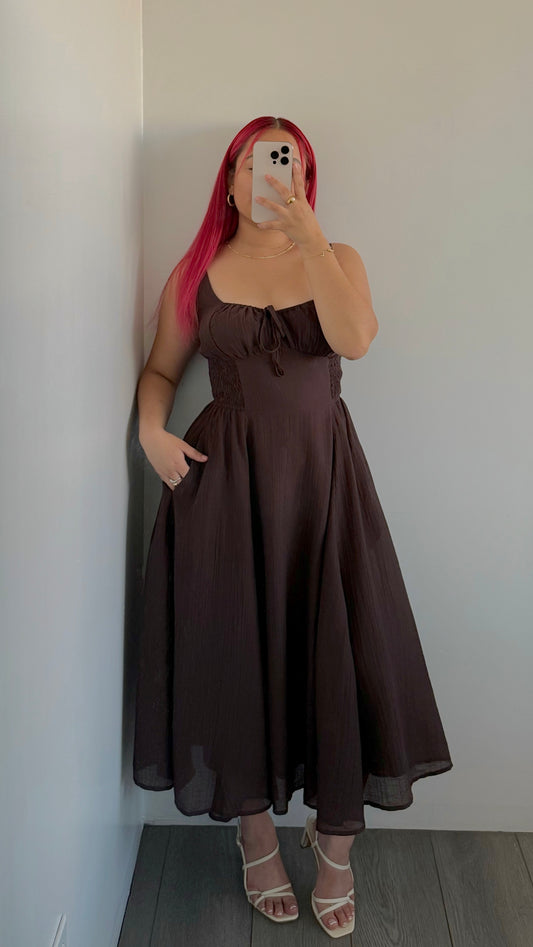 Brown Crinkled Bustier A Line Dress