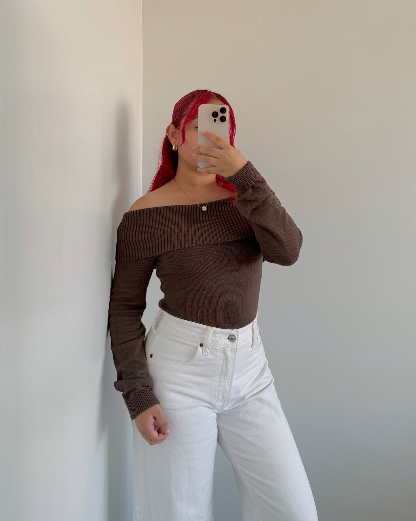 Brown Off The Shoulder Knit Top