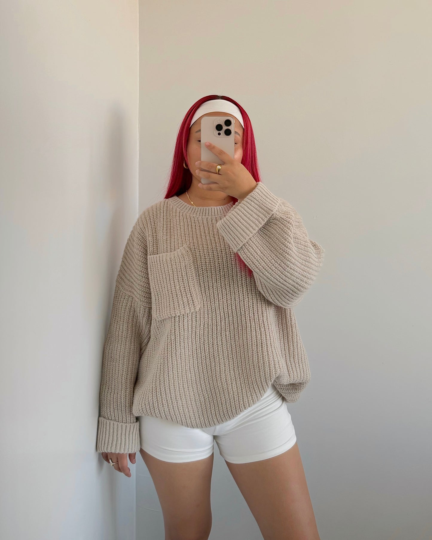 Wheat Chunky Knit Pocket Sweater