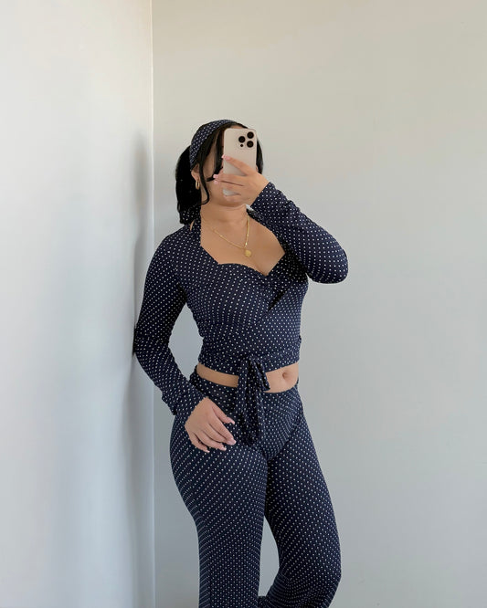 Navy Polka Dots Wrap Long Sleeve Top (B-Soft)