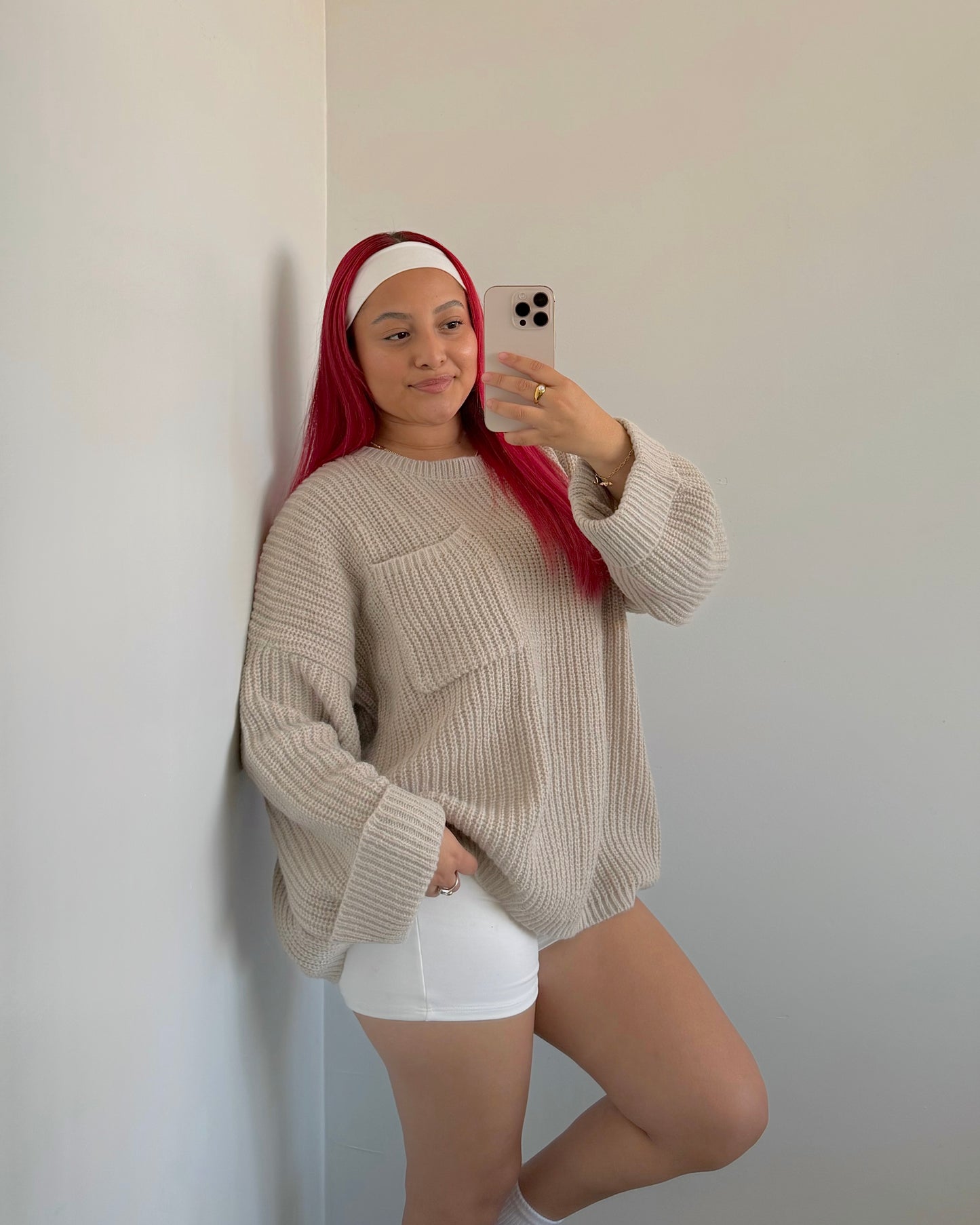 Wheat Chunky Knit Pocket Sweater