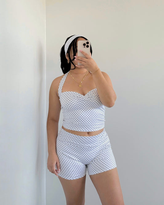 White Polka Dots Tie Scrunch Top (B-Soft)