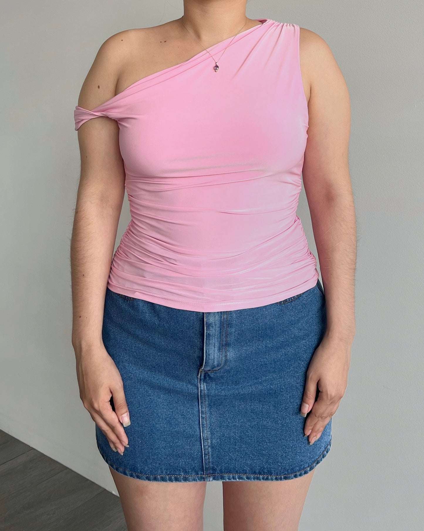 Pink Ruched One Shoulder Top