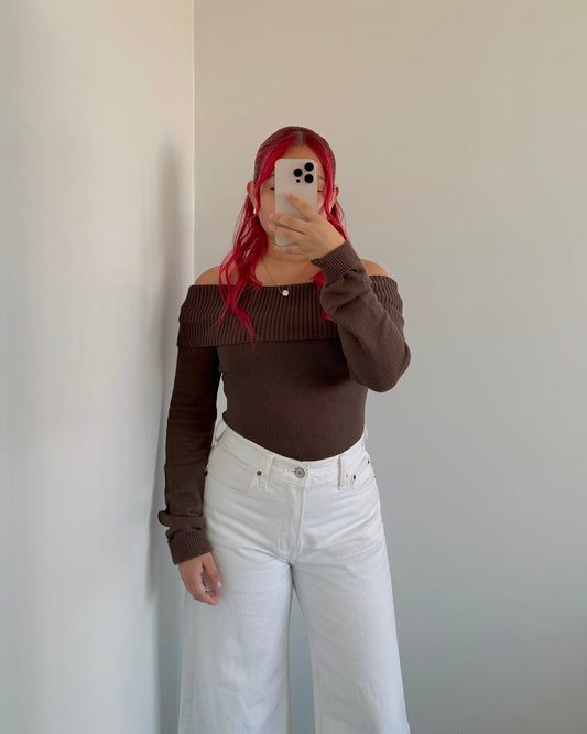 Brown Off The Shoulder Knit Top