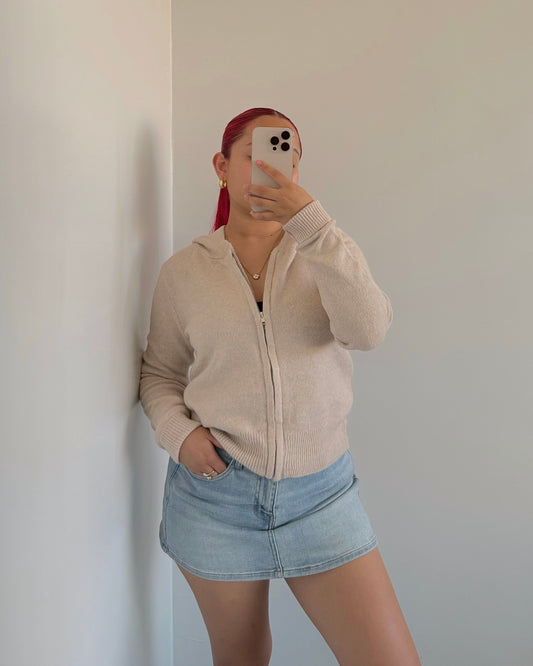 Oatmeal Zip Knit Hoodie Sweater