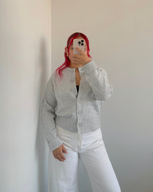 Heather White Cozy Round Neck Cardigan
