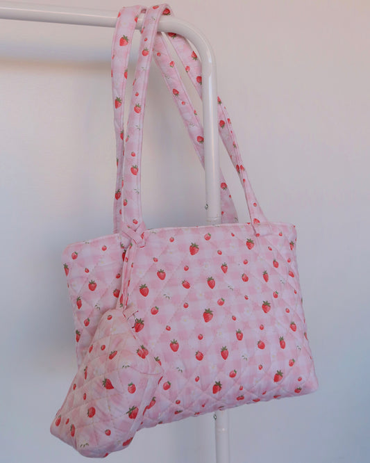 Strawberry Gingham Tote Bag & Matching Pouch