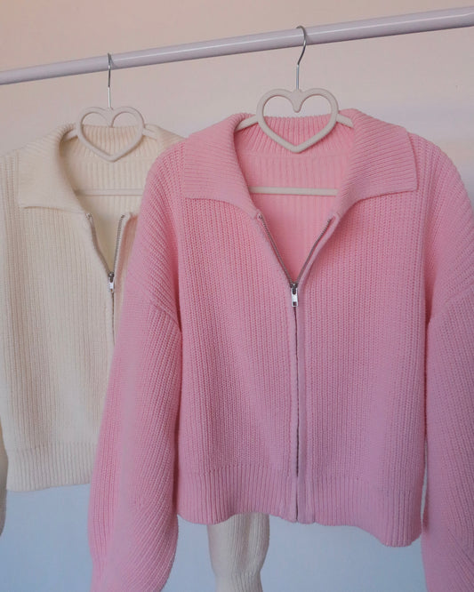 Pink Knit Collared Zip Sweater