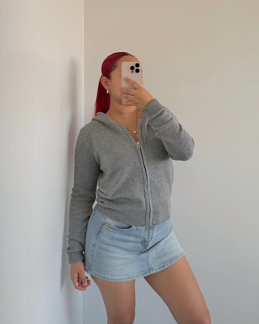 Grey Zip Knit Hoodie Sweater