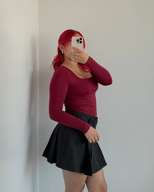 Wine Square Neck Buttery Long Sleeve Top