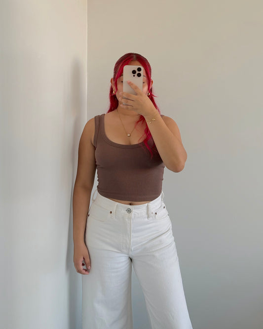 Brown Rib Scoop Tank Top