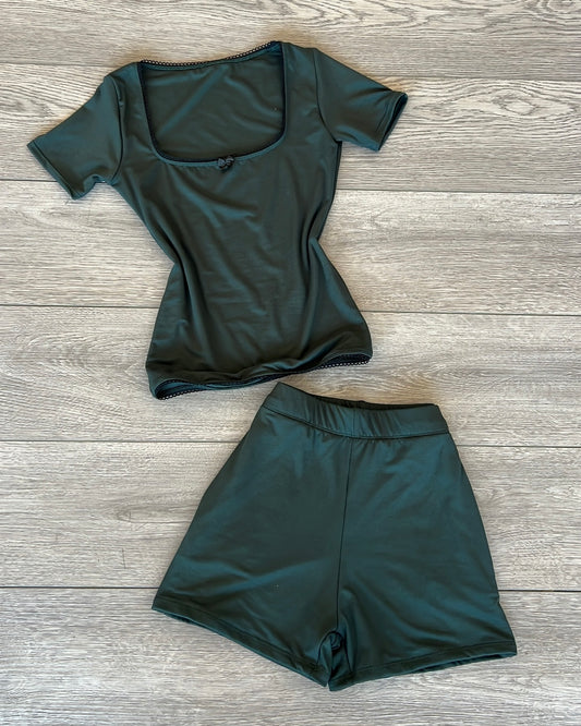 Forest Green Bow (Lace Trim) B-Soft Short Sleeve Top