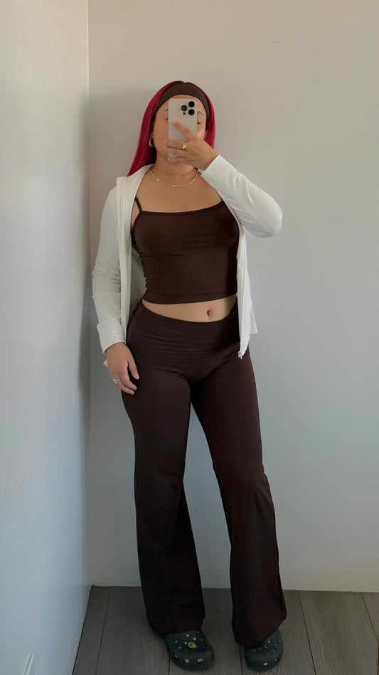 Brown Cotton Fold Over Flare Pants