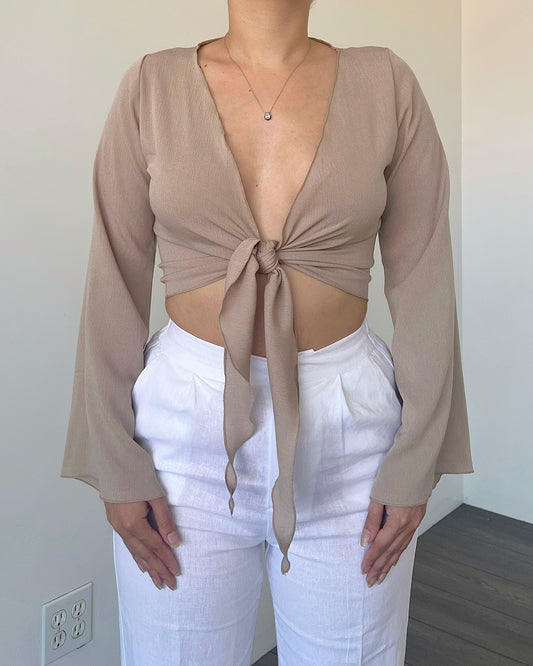 Mocha Tie Bell Sleeve Top