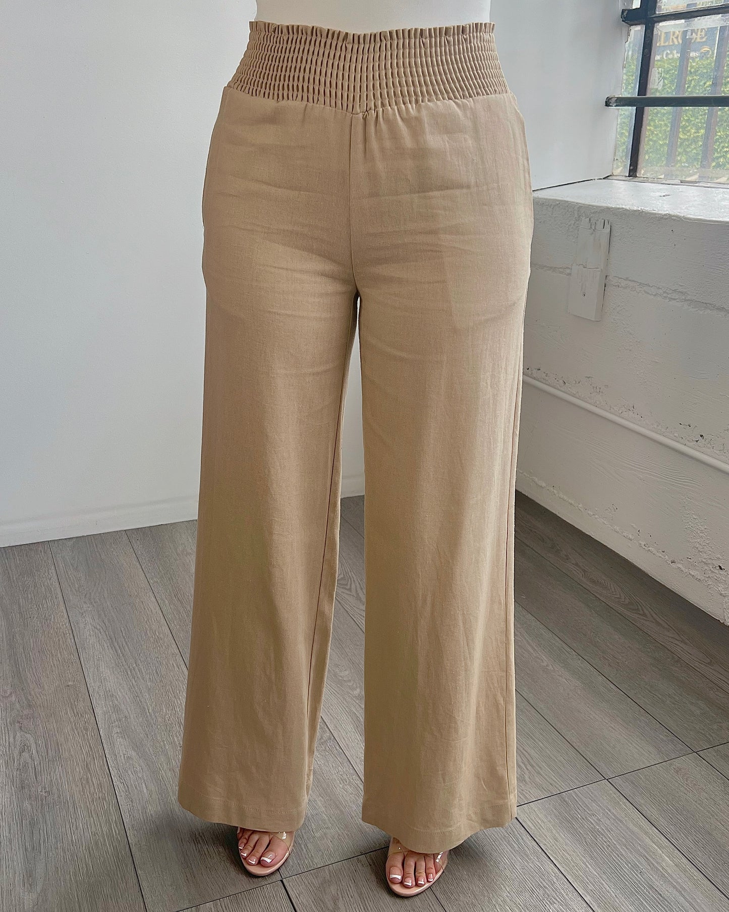 Khaki Linen Smocked Pants