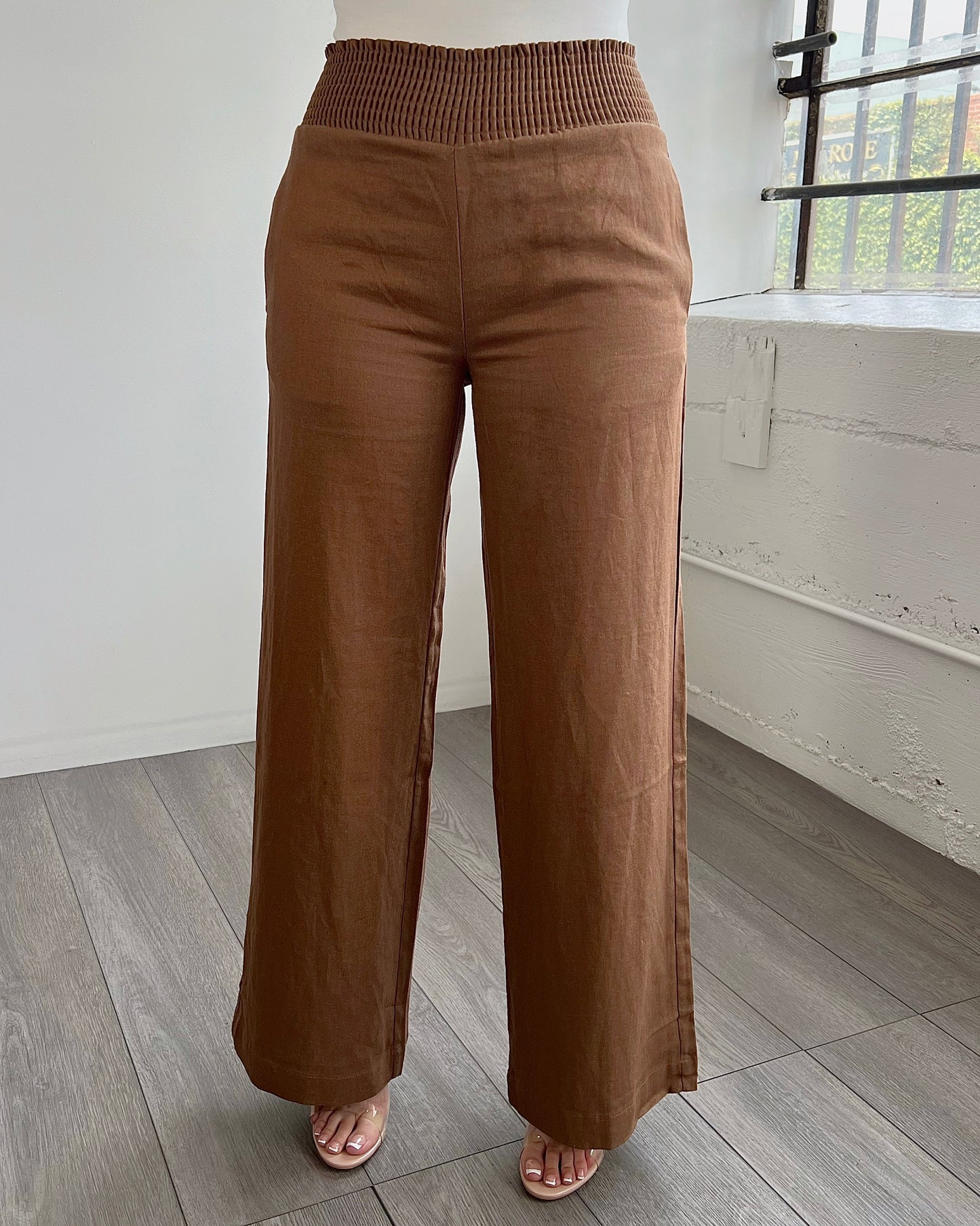 Brown Linen Smocked Pants