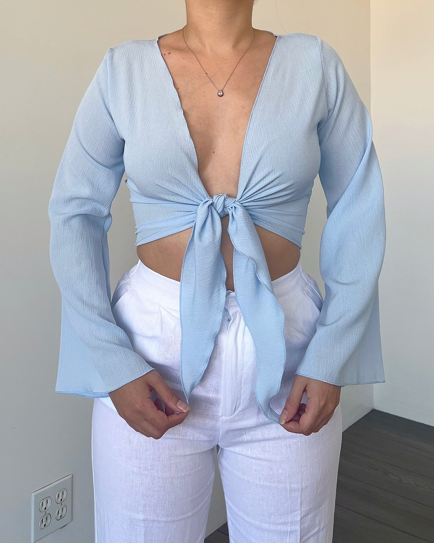 Baby Blue Tie Bell Sleeve Top