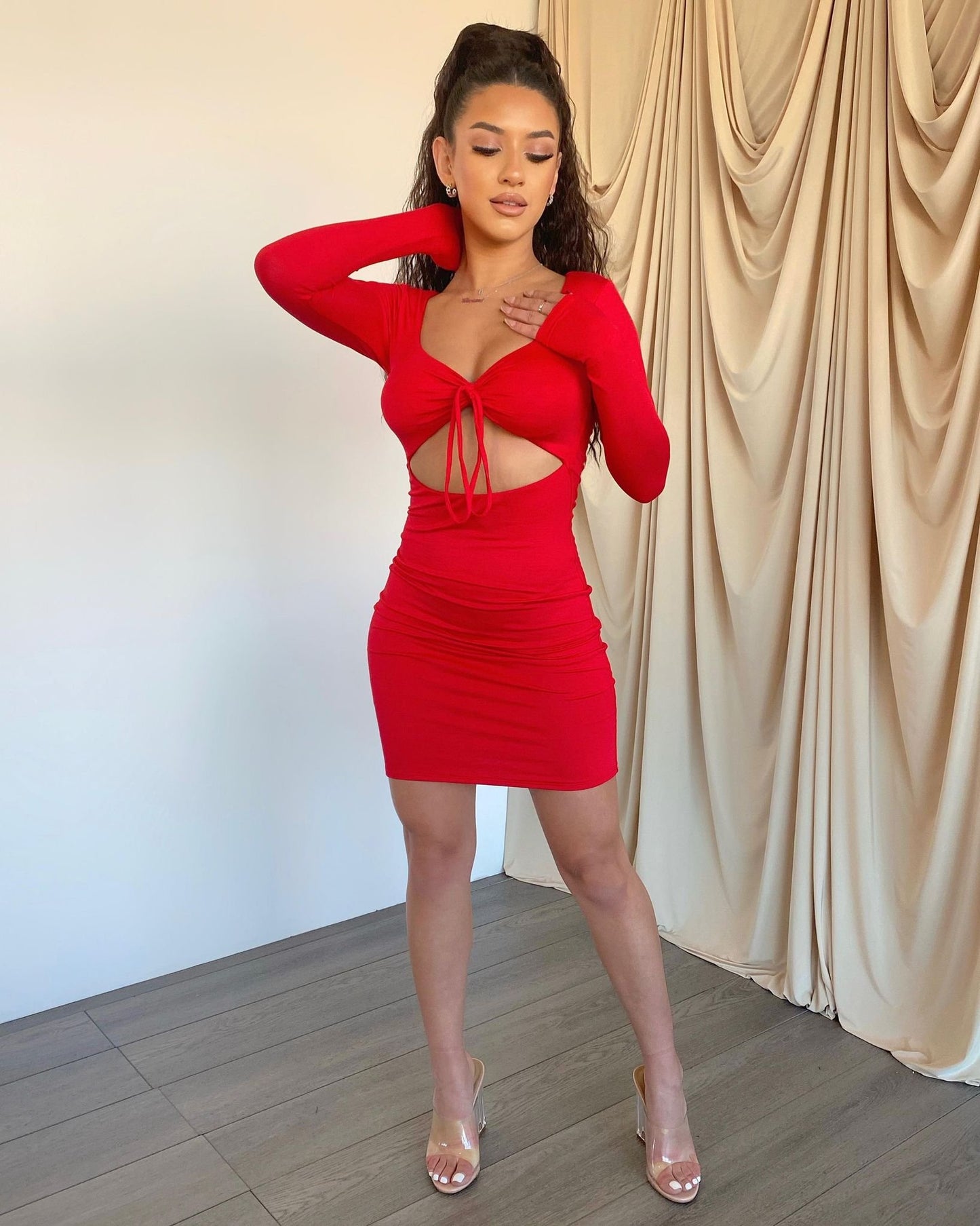 Red Front Cut Out LS Dress