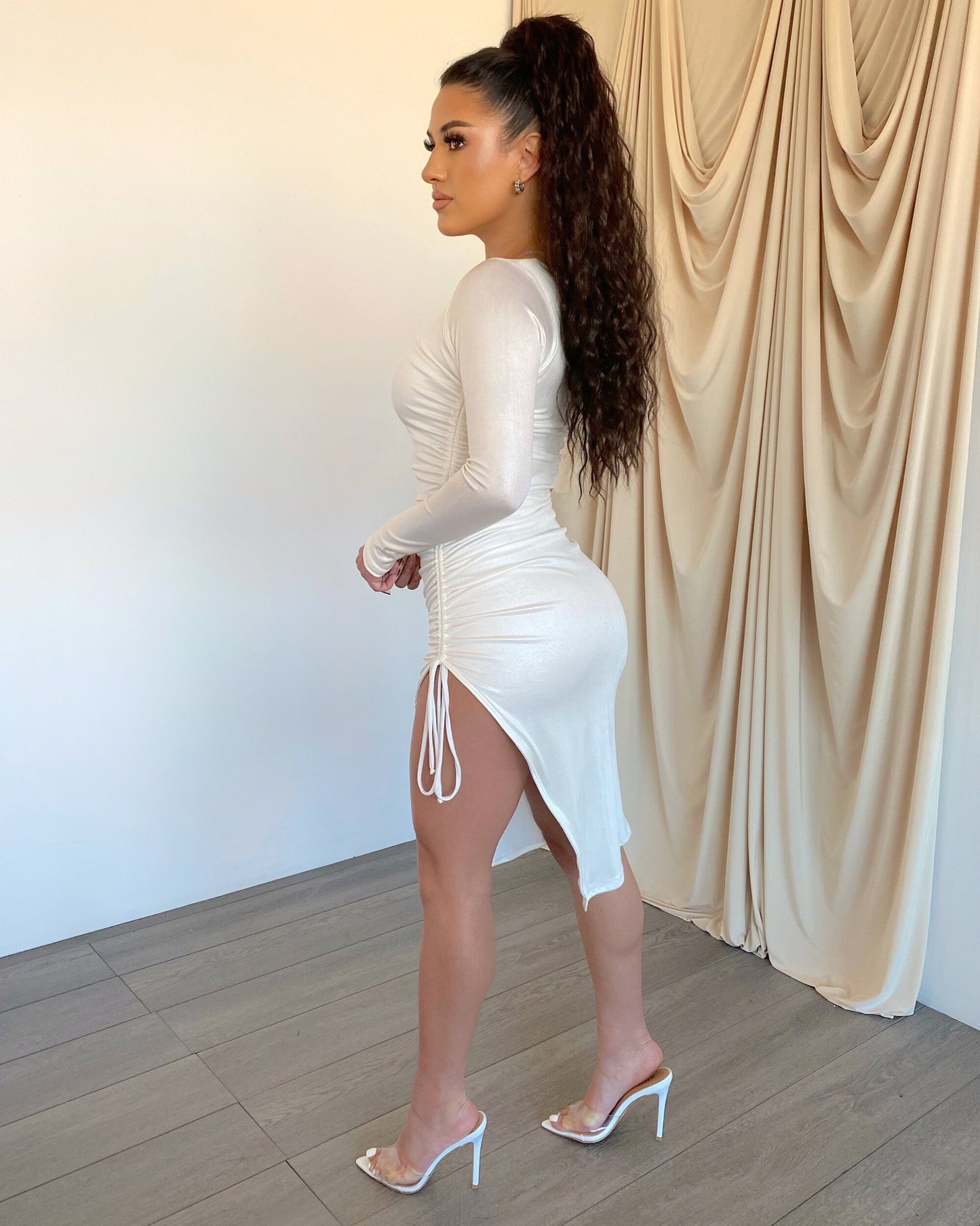 Pearl White Scrunch Slit Midi Dress