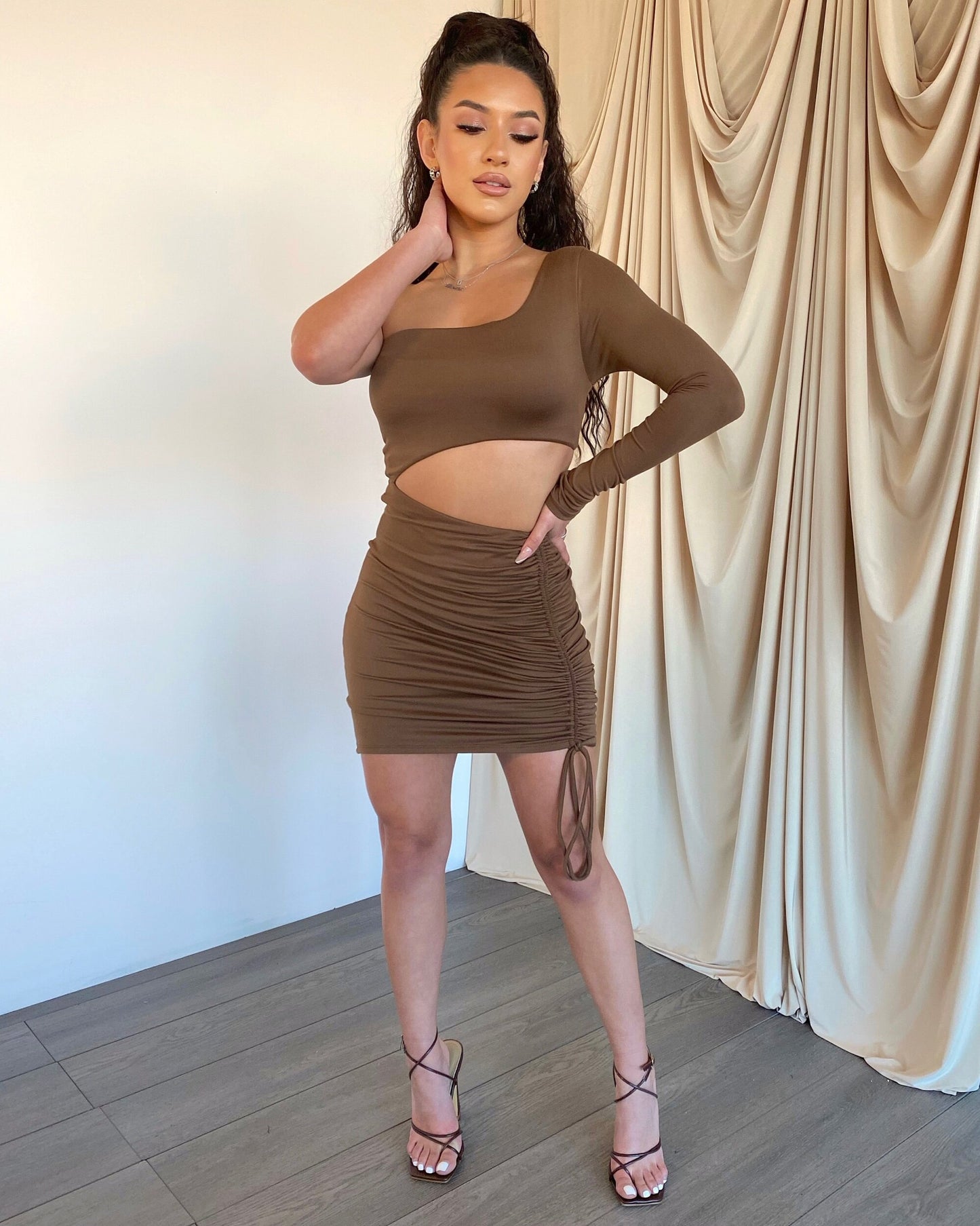 Brown One Shoulder Scrunch Dress
